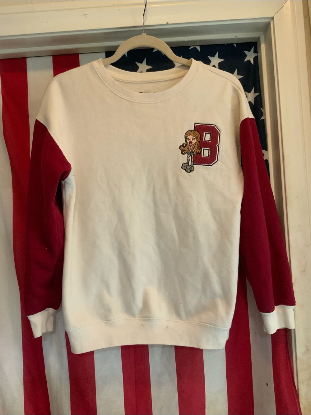 White Crewneck Sweater with Red Sleeves and Embroidered 'B' Patch
